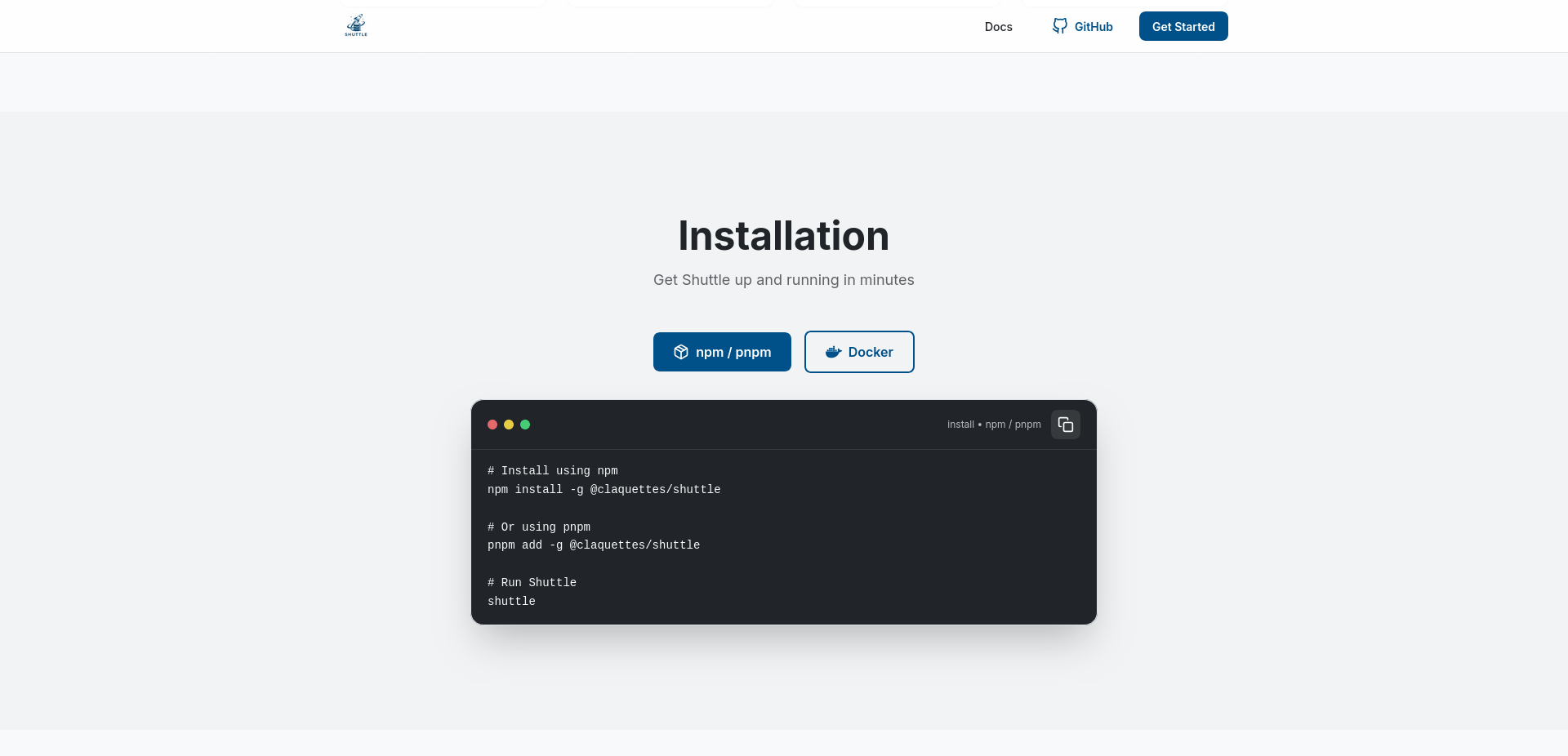 Shuttle installation page with npm and Docker options